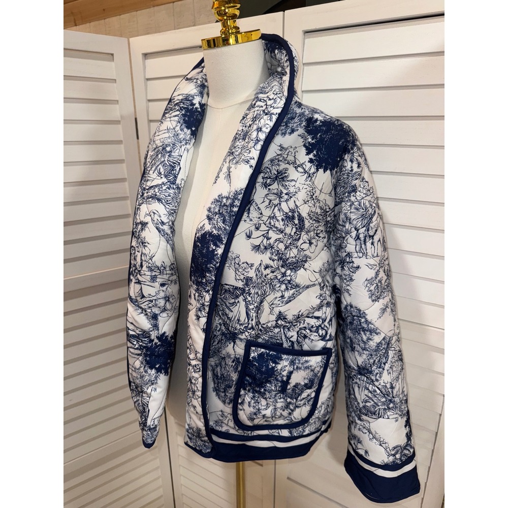 Unbranded Toile de Jouy Quilted Puffer Jacket Womens Blue White Small - Picture 5 of 8